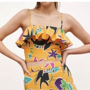 Zara Island Ruffle Floral Geometric Tank Crop Top Yellow Size: Small